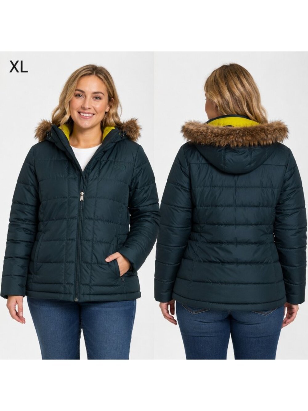 The North Face Women’s XL Hooded Puffer Jacket Faux Fur Trim Quilted Winter Coat